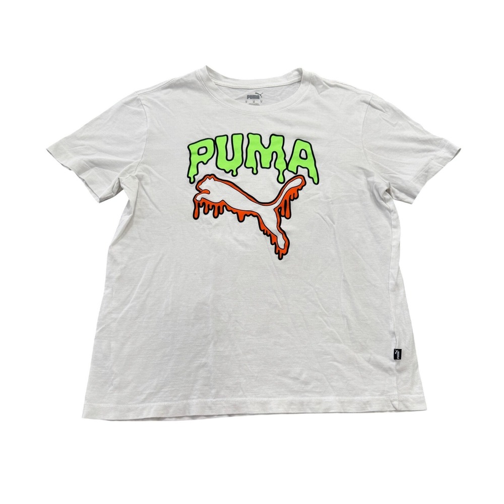 Puma Slime Logo Tee Shirt Womens Medium White Dripping Graphic Big Cat Pullover